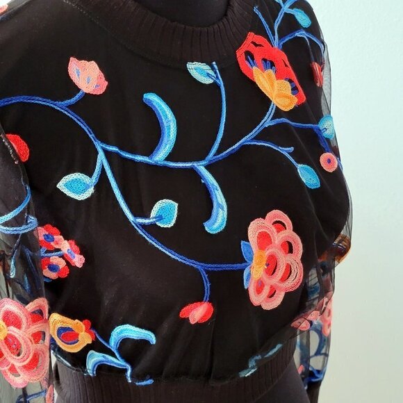 NEW COSMOPOLITAN x DRESS THE POPULATION MESH FLORAL BLACK LONG SLEEVE CROP TOP - Picture 8 of 15